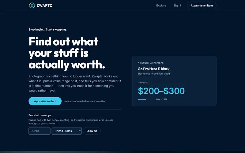 The Zwaptz website on a desktop screen